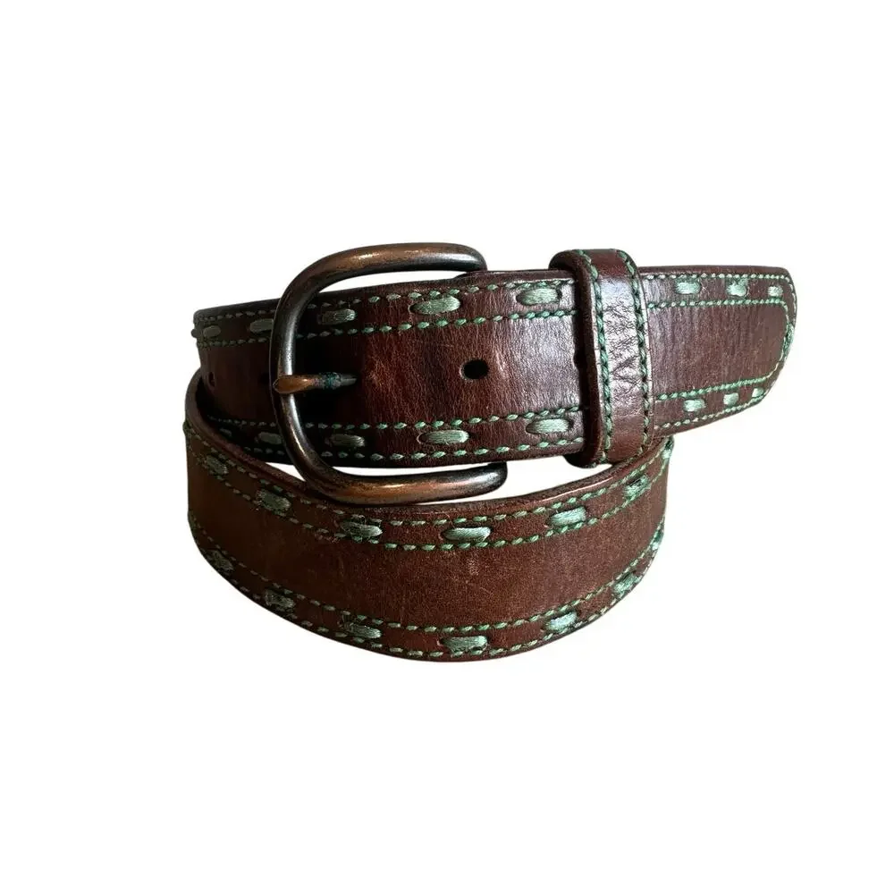 American Eagle Vintage Leather and Green Contrast Stitch Belt Brown S